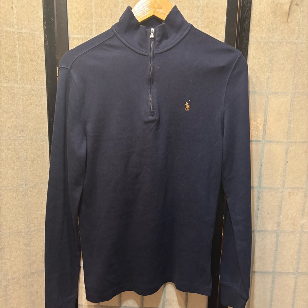 POLO RALPH LAUREN Cotton 1/4 Zip Navy Polo Sweater - Picture 2 of 8